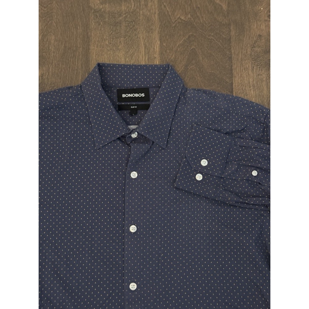 Bonobos Mens Dark Blue Button Down Long Sleeve Slim Fit Dotted Shirt Size Large